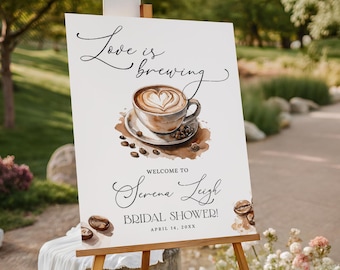 Coffee Bridal Shower Welcome Sign EDITABLE, Love is Brewing Bridal Shower Welcome Poster, Coffee Themed Bridal Shower Sign Decor LB14
