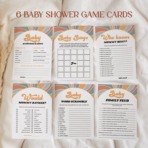 Groovy babyshowergamebundel BEWERKBAAR, 6 Sunshine Retro babyshowergames afdrukbaar, Here Comes The Son, babyshower-gamekaartenpakket HC03