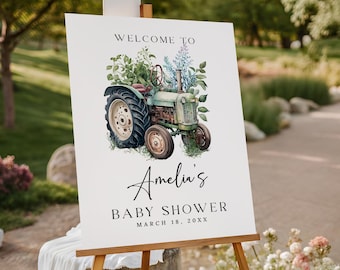 Greenery Tractor Baby Shower Welcome Sign EDITABLE, Vintage Tractor Baby Shower Welcome Poster, Its a Boy Shower Sign, Farm Baby Shower GT05