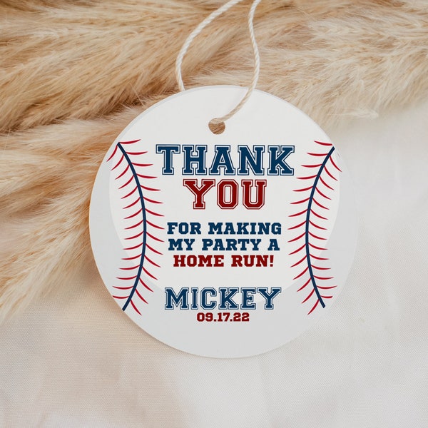 Baseball Birthday Favor Tag EDITABLE , Printable Baseball Party Thank You Sticker, Thank You Labels, Goodie Bag Round Tag, Sports Party Tags