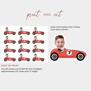 May include: Twelve printable red race car toppers with a number 7 on the side. Each topper has a space for a photo to be added. The toppers are approximately 7 cm wide and 4.3 cm tall.