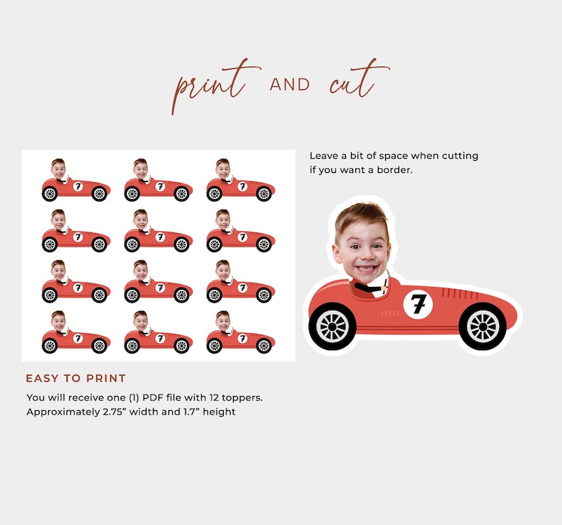 May include: Twelve printable red race car toppers with a number 7 on the side. Each topper has a space for a photo to be added. The toppers are approximately 7 cm wide and 4.3 cm tall.