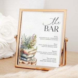 Letrero editable para menú de bar de cuentos, letrero imprimible con temática de libros para despedida de soltera, baby shower &quot;Un nuevo capítulo&quot;, decoración para fiesta de libros SB25