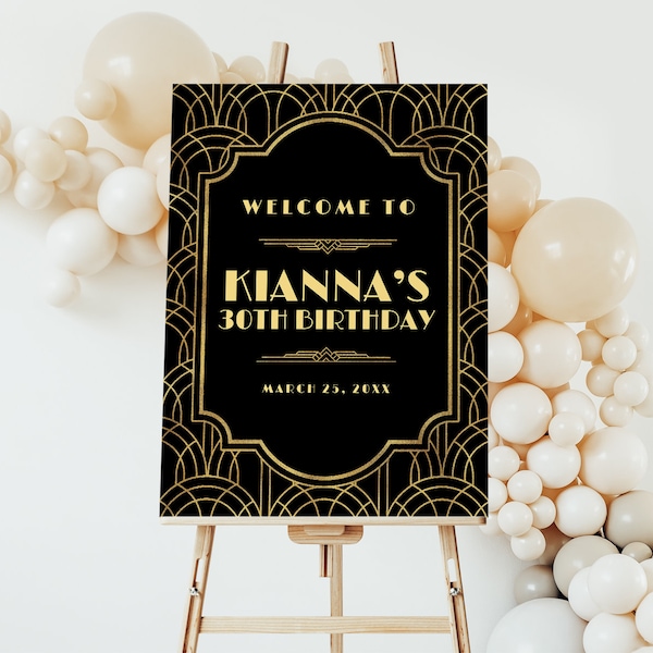 Gatsby Welcome Sign EDITABLE, Roaring 20s Birthday Sign Printable, Art Deco Welcome Party Sign, 1920s Speakeasy Party Decor, Welcome Poster