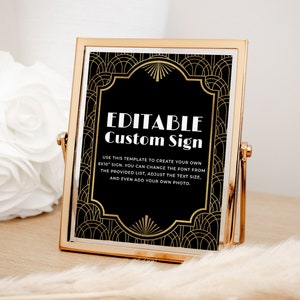 Panneau personnalisé Gatsby Party MODifiable, panneau de Table de mariage art déco, panneau des années 20 des années folles, imprimable, décoration de fête Speakeasy des années 1920, modèle de panneau, 8 x 10