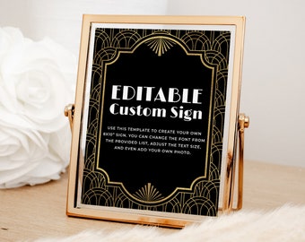 Custom Gatsby Party Sign EDITABLE, Art Deco Wedding Table Sign, Roaring 20s Sign Printable, 1920s Speakeasy Party Decor, Sign Template, 8x10