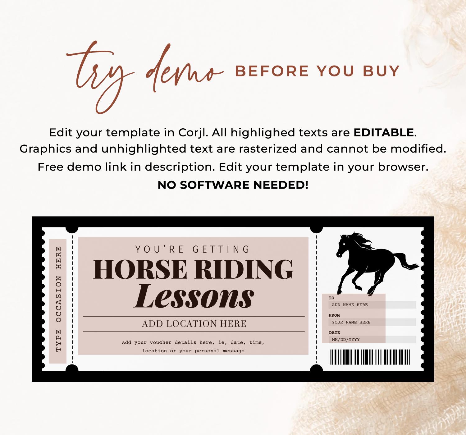 Horse Riding Lesson Certificate EDITABLE, Horseback Riding Gift Voucher ...