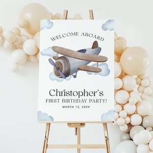 Placa de boas-vindas para festa de avião EDITÁVEL, decoração vintage para festa de primeiro aniversário de avião para impressão, pôster de piloto, banner com tema de festa de aviação AP13
