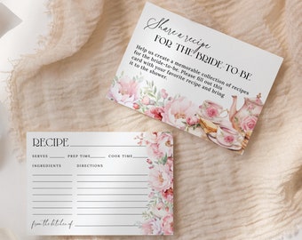 Plantilla de tarjeta con receta de té floral EDITABLE, inserto de tarjeta con receta de té floral rosa ruborizado para despedida de soltera, solicitud de receta de té para despedida de soltera AT28