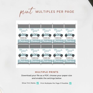 May include: Printable thank you cards with a blue and white chequered background. The cards feature a cartoon race car and the text "Thank you for racing over to my party! I hope you had fun! Parker".