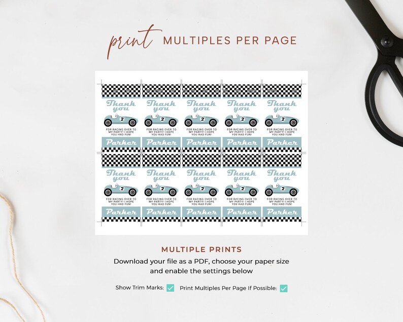 May include: Printable thank you cards with a blue and white chequered background. The cards feature a cartoon race car and the text "Thank you for racing over to my party! I hope you had fun! Parker".