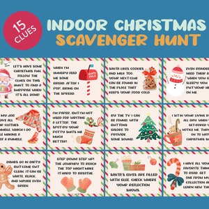 May include: A set of 15 colorful Christmas scavenger hunt clue cards with illustrations. The cards feature Santa Claus, a snowman, a gingerbread man, a Christmas tree, a reindeer, a stocking, a mug, a pair of mittens, a candy cane, and a mailbox. The text on the cards includes phrases like "Let's have some Christmas fun", "When I'm hungry feed me some bread", "Santa likes cookies and milk too", "Even reindeer need their rest", "It's my job to give all your clothes a tumble", "I'm paper, but I'm not used for writing a letter", "By the TV I can be found", "I sit in your living room all day", "Dishes go in dirty but come out clean", "Step down! Step up! The journey to reach the top might make it hard to breathe", "Santa's elves are filled with glee", and "I have all your favorite things to read".