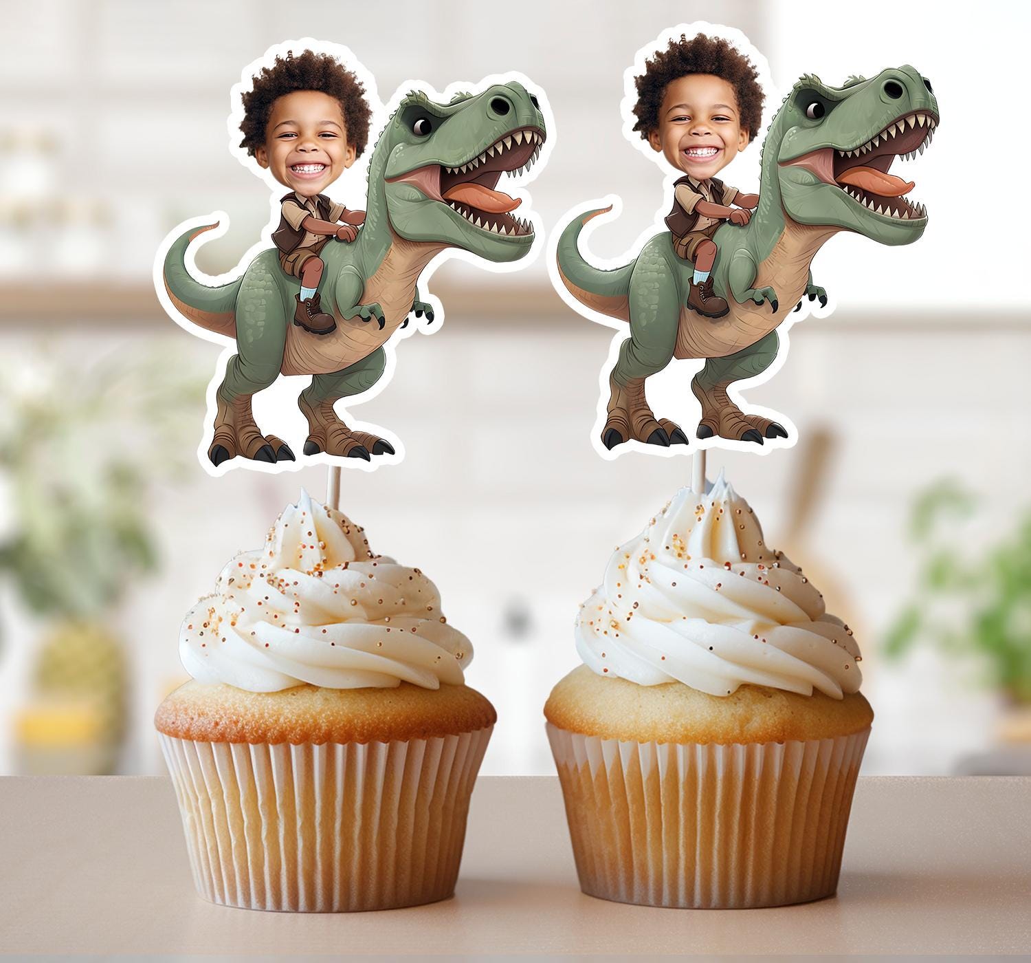 Dinosaur Face Cupcake Toppers, Personalized Dinosaur Photo Cupcake Toppers, Black Kid T-Rex Party, Dinosaur Birthday Decor, Dinosaur Sticker