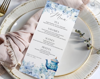 Floral Tea Party Menu Template EDITABLE, Dusty Blue High Tea Menu Cards, Afternoon Tea Party, Garden Party, Baby Bridal Shower Birthday BT40