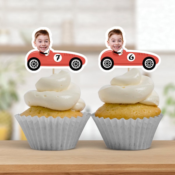 Race Car Photo Cupcake Toppers, Face Cupcake Toppers, Personalized Red Vintage Car Cupcake Toppers, Racing Birthday Party Decor, ANY AGE