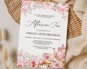 May include: A rectangular invitation card featuring a white background with pink floral illustrations at the top and bottom. The text reads: You are cordially invited to an enchanting Afternoon Tea in celebration of Amelia's 18th Birthday.