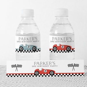 Race Car Water Bottle Labels EDITABLE, Two Fast Birthday Labels, Printable Racing Birthday Party Decor, Blue Red Vintage Car Bottle Wrapper