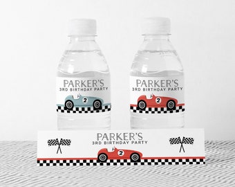 Race Car Water Bottle Labels EDITABLE, Two Fast Birthday Labels, Printable Racing Birthday Party Decor, Blue Red Vintage Car Bottle Wrapper