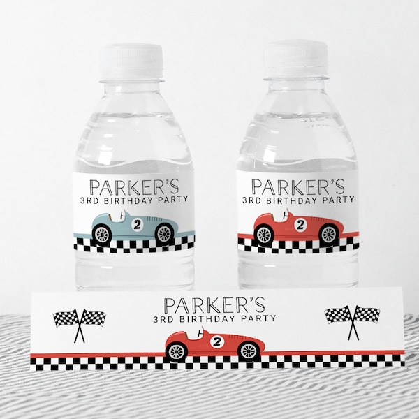 Race Car Water Bottle Labels EDITABLE, Two Fast Birthday Labels, Printable Racing Birthday Party Decor, Blue Red Vintage Car Bottle Wrapper