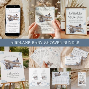 Blue Airplane Baby Shower Bundle EDITABLE, Travel Theme Baby Shower Invitation, Baby Boy Shower Games, Aviation Baby Shower Party Signs AP13
