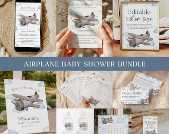 Blue Airplane Baby Shower Bundle EDITABLE, Travel Theme Baby Shower Invitation, Baby Boy Shower Games, Aviation Baby Shower Party Signs AP13
