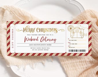 May include: A red and gold striped gift voucher with the text "Merry Christmas" and "Weekend Getaway". The voucher has a space to add a destination, from, to, and date.