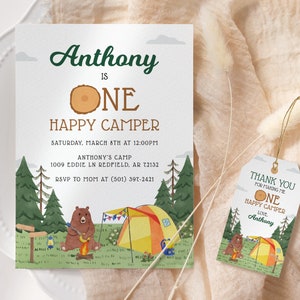 One Happy Camper Birthday Invitation EDITABLE, First Birthday Invitation Printable, Camping 1st Birthday Invite, Lumberjack Birthday Party