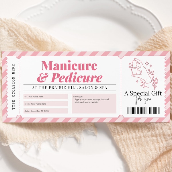 Manicure Pedicure Pink Voucher EDITABLE, Printable Mani Pedi Coupon, Surprise Spa Day Certificate, Salon Gift Card, Any Occasion MP22