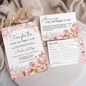 Tee mit der Braut, um Einladungs-Set EDITIERBAR zu sein, Blush Pink Floral Tee Brautdusche Einladung, Tee-Party Brautdusche Rezeptkarte AT28
