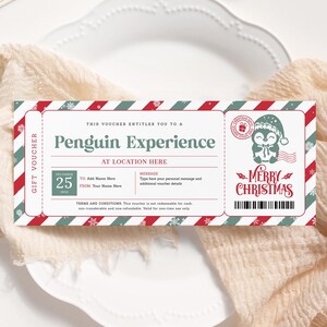 Certificato di Natale Penguin Experience MODIFICABILE, modello di biglietto per il viaggio a sorpresa Penguin, buono zoo, biglietto regalo stampabile per bambini