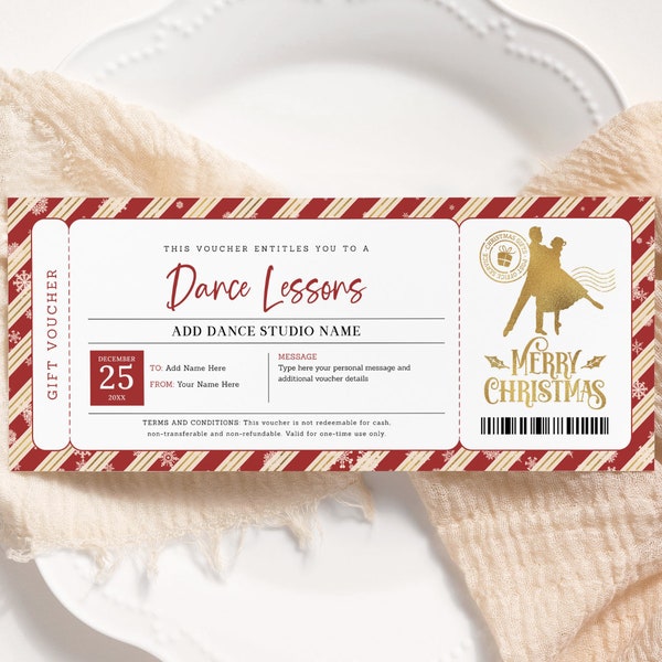 Dance Lessons Christmas Voucher EDITABLE, Dancing Lessons Gift Certificate, Printable Christmas Coupon Template, Christmas Gift Card