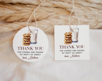 May include: Two round thank you tags with a hand-drawn illustration of chocolate chip cookies and a glass of milk. The text on the tags reads "Thank you for coming and making my party so sweet! love, Nathan".