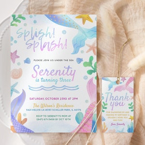 Mermaid Birthday Invitation EDITABLE, Under the Sea Birthday Invitation Printable, Watercolor Girl Mermaid Pool Birthday Party Invitation