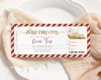 May include: A red and white striped gift voucher with gold lettering that says "Merry Christmas" and "Cruise Trip". The voucher has a gold image of a cruise ship and space to add a destination, name, and date.