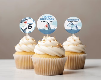 Shark Birthday Cupcake Toppers EDITABLE, Under the Sea Favor Labels Printable, Shark Birthday Party Decor, Shark Pool Party Toppers