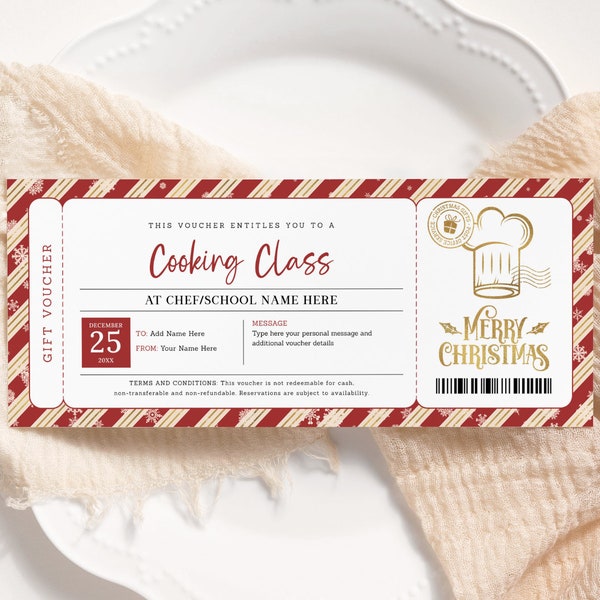 Cooking Class Christmas Gift Voucher EDITABLE, Cooking Lesson Certificate Printable, Cooking Class Ticket Invitation, Baking Class Coupons