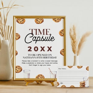 Placa da cápsula do tempo de aniversário com leite e biscoitos EDITÁVEL, festa de primeiro aniversário com leite e biscoitos, cartão de anotações da cápsula do tempo para bebês para impressão MC42