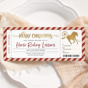 Bon de Noël pour des cours d'équitation MODIFIABLE, certificat de location de chevaux imprimable, promenades, équitation, carte-cadeau de Noël