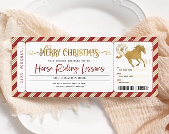 May include: A red and gold striped gift voucher with the text "Merry Christmas" and "Horse Riding Lessons". The voucher is for a gift of horse riding lessons. The voucher has a space to add the location, date, and names of the giver and recipient.
