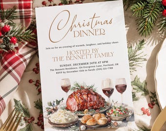 Plantilla de invitación para cena de Navidad, invitación editable para cena navideña, invitación imprimible para cena familiar de Nochebuena, descarga digital.