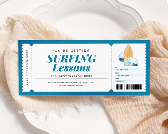 Surfing Lessons Gift Voucher Template Certificate Ticket 