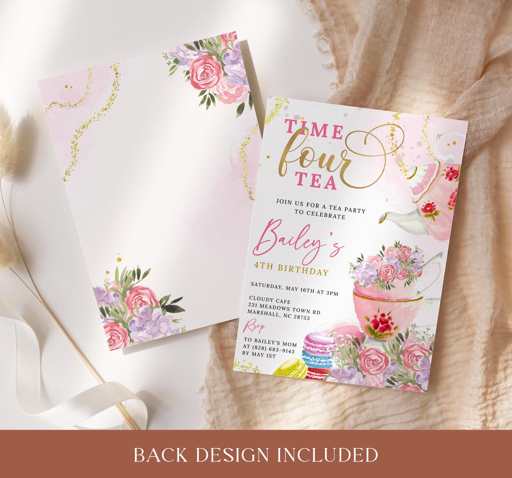 Time Four Tea Invitation Time Four Tea Birthday Invitation EDITABLE, 4th Birthday Tea Party ...