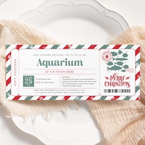 Chèque-cadeau de Noël aquarium MODIFIABLE, modèle de billet de voyage surprise en aquarium, visite de l'aquarium, chèque-cadeau de vacances pour enfants imprimable