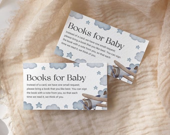 Blue Airplane Books for Baby Card EDITABLE, Vintage Plane Boy Baby Shower, Up Up and Away, Book Request Card, Bring A Book Card AP13