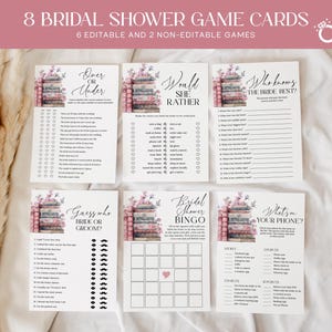 Storybook Brautdusche Spiele Bundle EDITIERBARE, 8 Coquette Buch Themed Shower Spielkarten bedruckbar, neues Kapitel Brautdusche Aktivitäten CB06