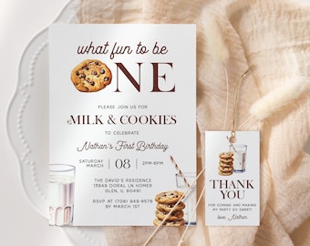 May include: A first birthday party invitation with a milk and cookies theme. The invitation features a chocolate chip cookie and a glass of milk. The text on the invitation reads "what fun to be one" and "Milk & Cookies". The invitation also includes the date and time of the party, as well as the address. A thank you tag with a similar design is also included.