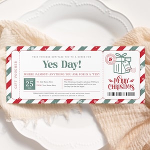 Yes Day-kerstkaart BEWERKBAAR, Yes Day-cadeaubon, afdrukbare kerstcadeaukaart voor kinderen, Yes Day Coupon, Yes-dagpas, Yes Day-certificaat