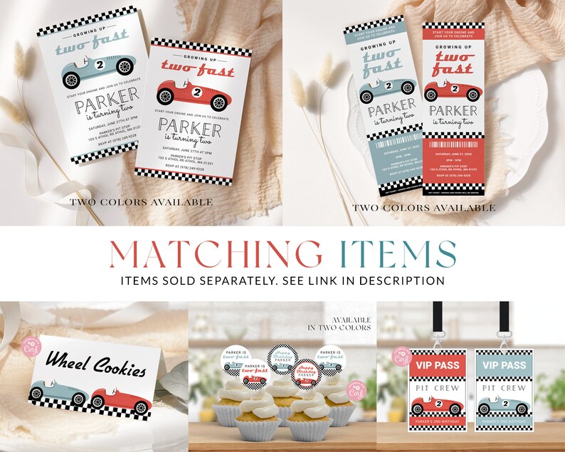 May include: Two printable birthday party invitations for a child turning two. The invitations feature a cartoon race car and the text "Growing Up Two Fast" and "Parker is turning two".