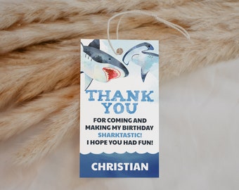 Shark Birthday Favor Tags EDITABLE, Printable Shark Birthday Thank You Sticker, Under The Sea Gift Tag,  Thank You Labels, Goodie Bag Tag