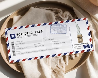 Billet d'embarquement modifiable pour New York, billet-cadeau de voyage surprise à New York, modèle imprimable de carte d'embarquement, voyage à New York